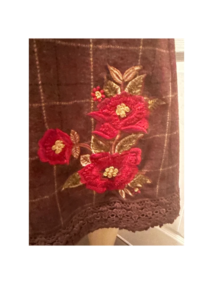 DE COLECCIÓN FALDA DE MEZCLA DE LANA DE ABRIL CORNELL MARRÓN A CUADROS HERMOSA BORDADO FLORAL XL Foto 2 de 4