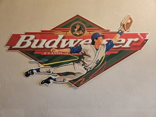 VINTAGE 1997 BUDWEISER BEER SIGN BASEBALL PLAYER TIN METAL EMBOSSED 35" X 18"
