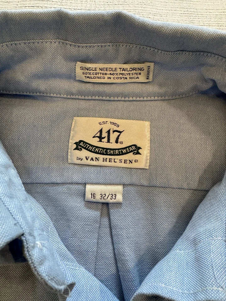 Van Heusen 417 Shirt Mens 16 32/33 Blue Button Down Long Sleeve Oxford Casual - Image 2 of 4