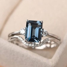 London Blue Topaz Stack Women Ring Natural Gemstone 925 Sterling Silver Ring