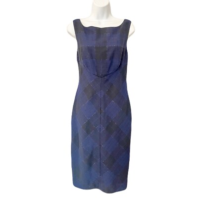 Diane von Furstenberg  Dorothea  Blue Metallic Plaid, Rear Bow Dress, Size 10