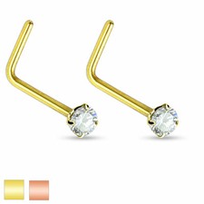 PAIR 18G 20G 2mm CZ Rose Gold Surgical Steel L Bend Nose Stud Rings Body Jewelry
