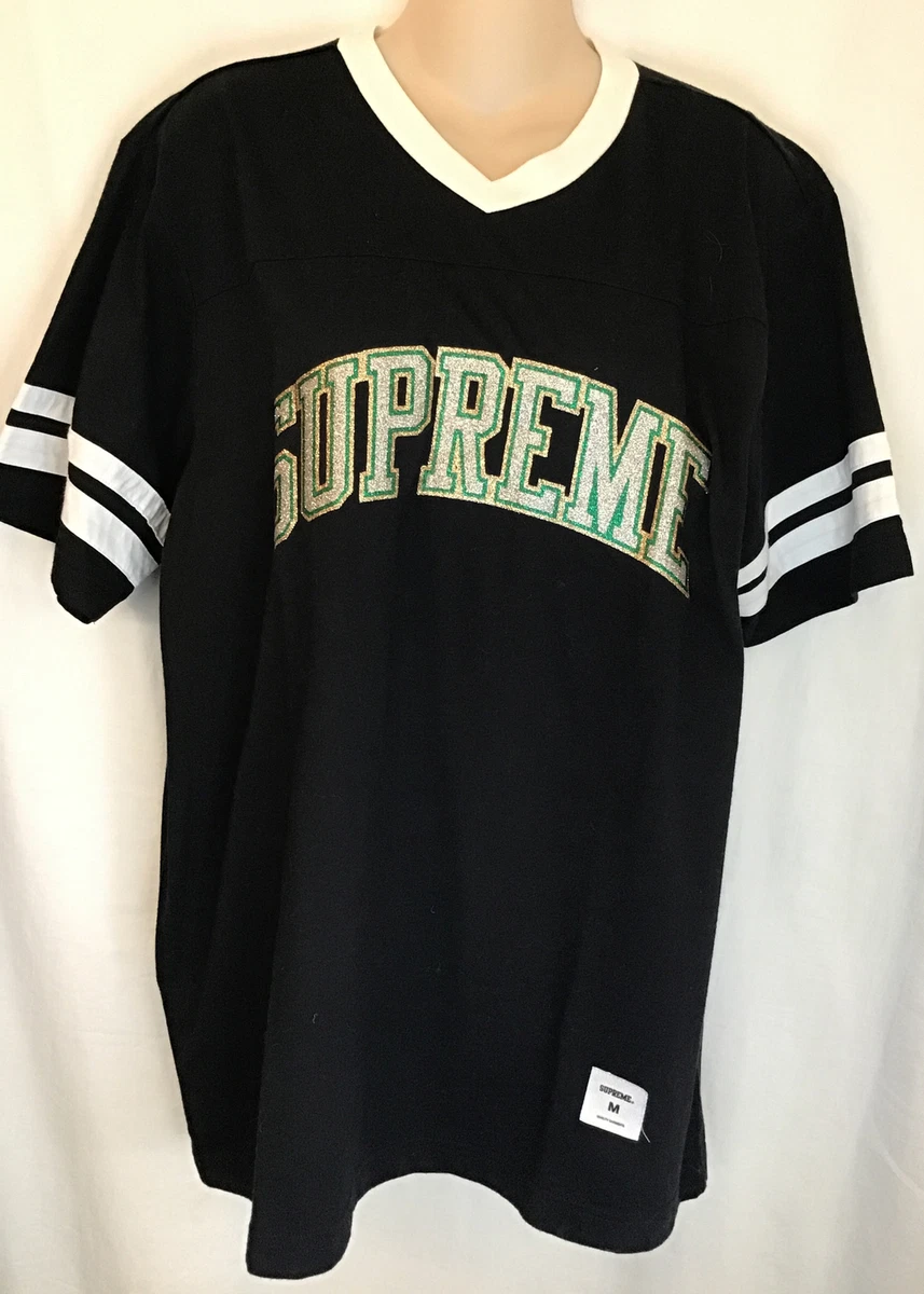 Supreme T-Shirt Black Cotton White Trim Short Sleeve V-Neck Size M