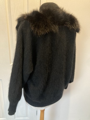 Vintage Black Angora Cardigan With Real Fur Stole Attached M L Goth Victoriana - Picture 9 of 17