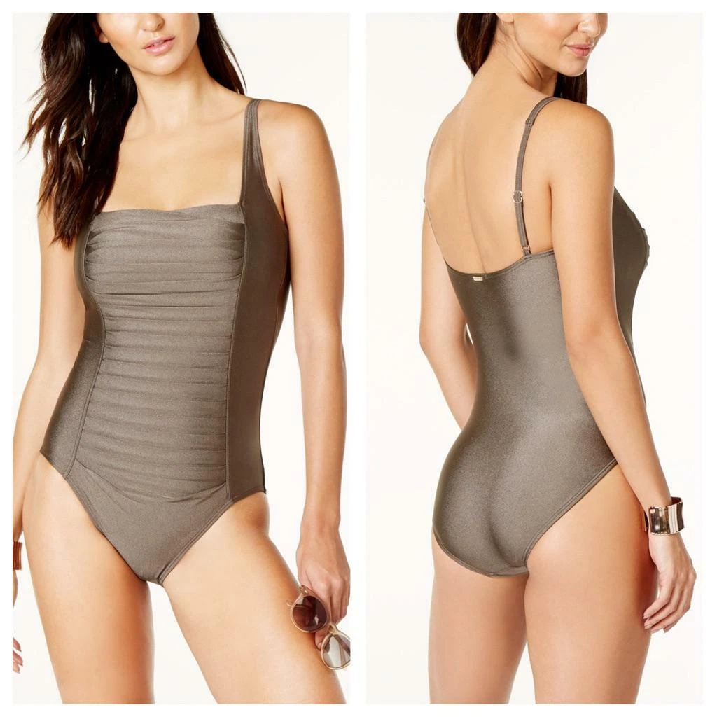 Calvin Klein Women's Ruched-panel One-piece Swimsuit brown ruched swimwear  MK