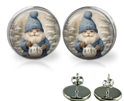 Snowy Winter Garden Gnome With Hat & Tea Pot Stud Earrings Holidays Jewelry