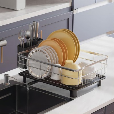 AIDERLY Stainless Steel Dish Drying Rack   Extendable Drain Spout, Black