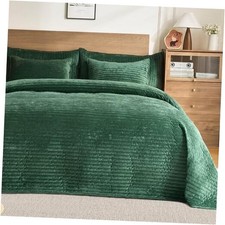 Luxury Velvet Quilt Set Size 3 Pieces  Soft Cozy Oversized Striped Queen Green