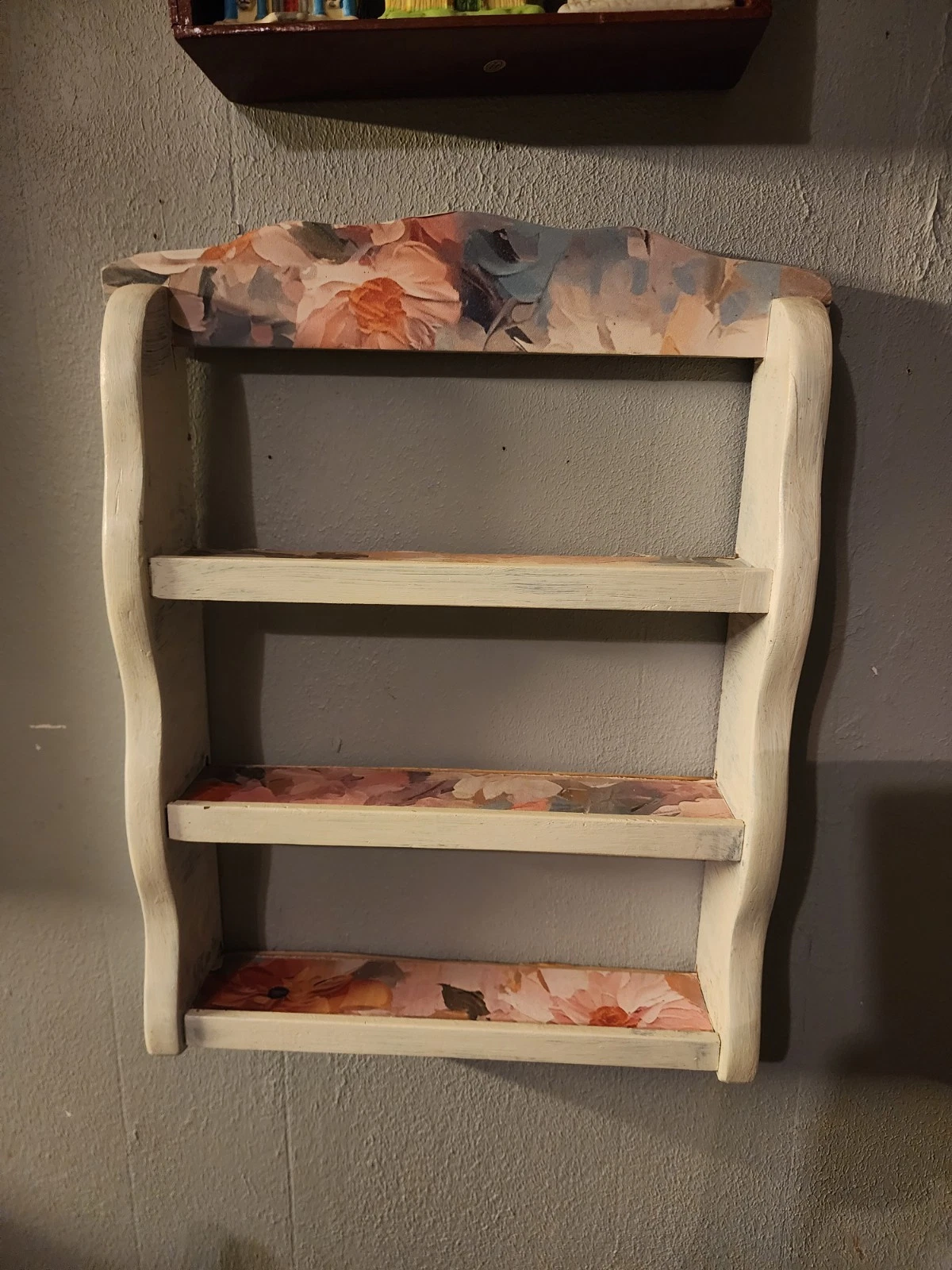 Vintage 3 Tier Solid Wood Wall Hanging Spice Rack Shelf, White And Floral Design