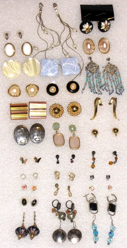 Trifari Lot Of 31 Earrings Stud Gold Silver Plated Rhinestones Hook Women Vtg
