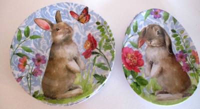 208 PARK Easter Bunny Floral Melamine Plates Set of 8 (4 Round 9''  & 4 Egg 7''x9''