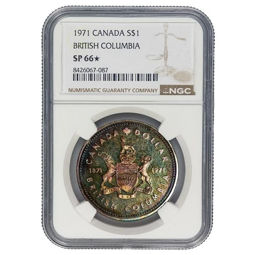 1971 Canadian Silver Dollar $1 British Columbia Centennial NGC SP 66*