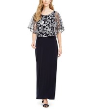 Connected Apparel Womens Embroidered Overlay Gown Dress, Blue, 6