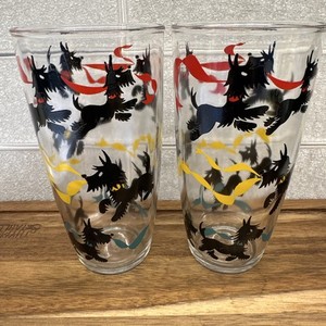 Vintage MCM Scottie Scotty Dog Drinking Glasses Set of 2 Painted Ribbons RARE