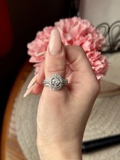 Sterling 925 CZ Halo Engagement Wedding Ring Set Size 9/10