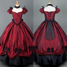 Victorian Burgundy Prom Dress Vintage Gothic Square Neck Bodice Lace Up Bow Gown