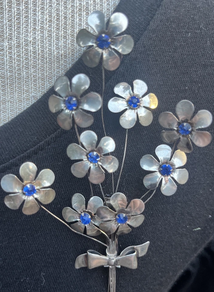 Vtg Marked Sterling Silver Brooch Blue Rhinestone Floral Spray Pin Large Jewelry - Image 2 of 4