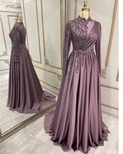 Elegant Muslim Long Sleeve Evening Gown Appliques Beaded Satin Islamic Formal