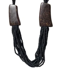 Handcrafted Black Beaded Necklace Chunky Brown Stone Accents Multi Strand Women
