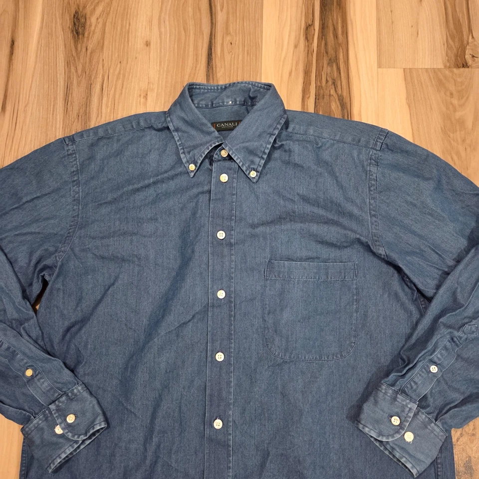 Camisa Denim Canali Para Hombre L Manga Larga Abotonada Preppy Informal Cambray Foto 3 de 4