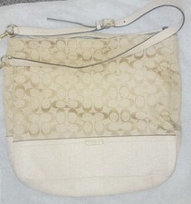 Coach Beige Logo Shoulder Bag Gold Hardware Adjustable Strap Women