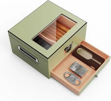 2 Layers Cigar Humidor Cedar Wood Glass Desktop Holds 70 Cigars Green Box USA