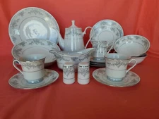 Olivia by Lynn's China - Bowls, Creamer or Cups - Choice!  (Grey/Blue Flowers)