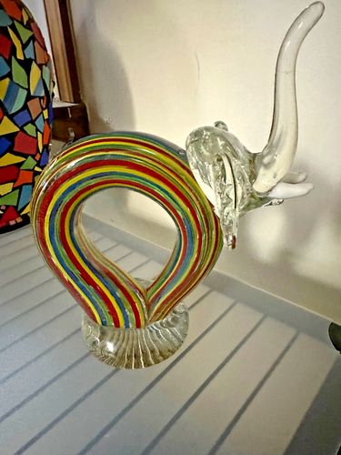 GREEN RED YELLOW BLUE STRIPED MURANO GLASS ELEPHANT 8”TALL
