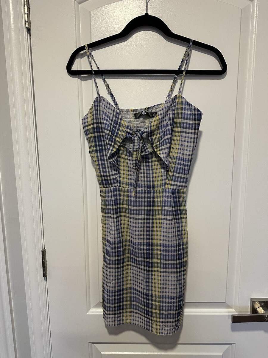 Missguided check tie front cami mini dress plaid blue/yellow US 6 NWT