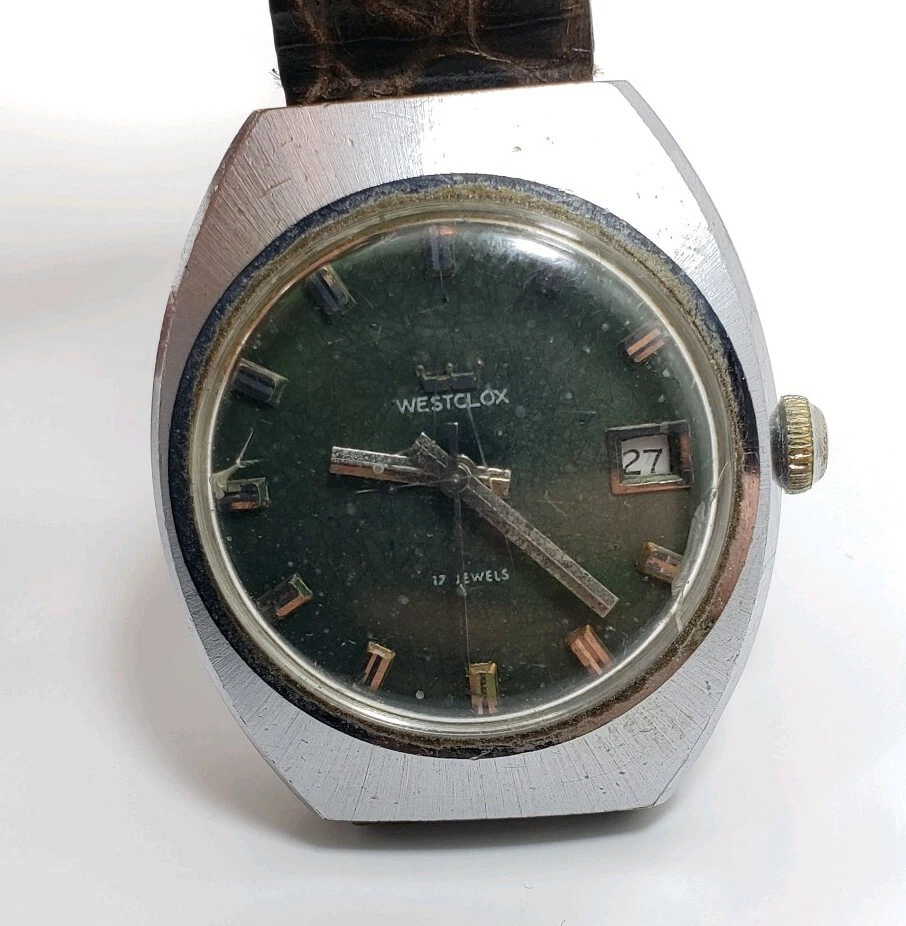 Great Vintage Green Stainless Steel Westclox 17 Jewels Mens Wrist