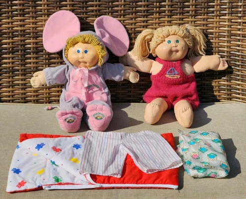 CABBAGE PATCH KIDS PAIR (2) 1982 Vntg DOLLS Blond Hair + OEM Clothes FLAW READ