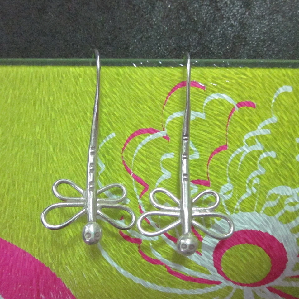 Pendientes de plata esterlina fina real Hill Tribe Orecchini filigrana ala libélula Foto 3 de 4