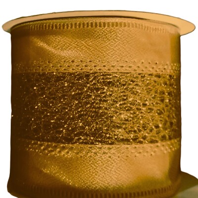 New Wire Edged, Bendable Ribbon-Gold w/Glitter Mesh Center-18'L x 2.50 ...