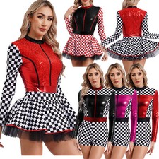 US Womens Sequins Race Car Driver Romper Checkerboard A-line Dress Racer Costume