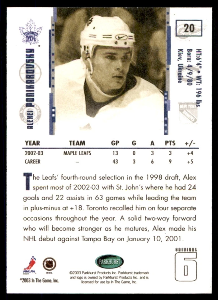 2003-04 Parkhurst Original Six Toronto Alexei Ponikarovsky Toronto Maple Leafs - Image 2 of 2