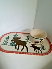 Ganz Moose Snack Lunch Chip and Dip Tray Ceramic Rustic Winter Rare Item