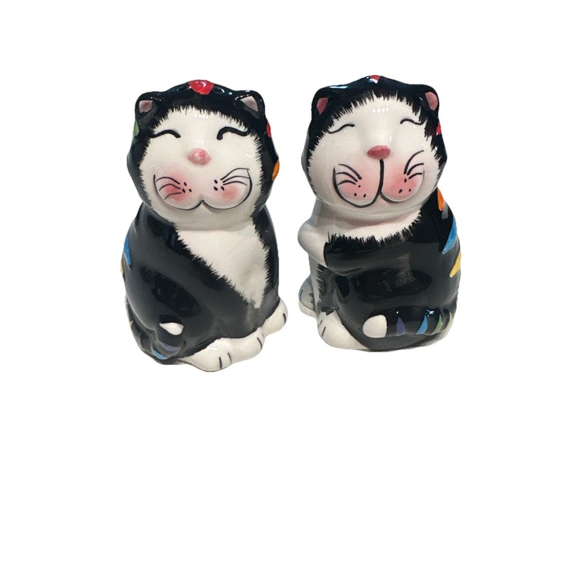 Happy Cats Tuxedo Cats Ceramic Salt and Pepper Shakers Rainbow Stripes GKAO