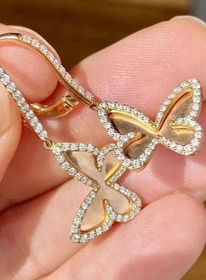 1.20 Ct Round Cut Moissanite Butterfly Dangle Earring 14K Yellow Gold Plated.