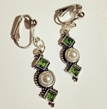 Extravagante Strass Ohrclips Clips silberf grün Kunstperle 4,5cm lang Anklipsen