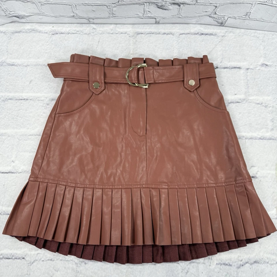 Zara Blogger Fav Pleated Faux Leather Mini Skirt Size S Brown Belted Preppy Boho - Image 2 of 4