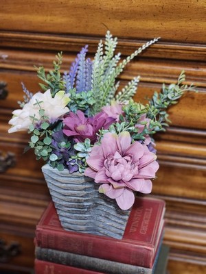 The Alexis Plum and Lavender Dahlia Centerpiece For Dining Table, bead grass