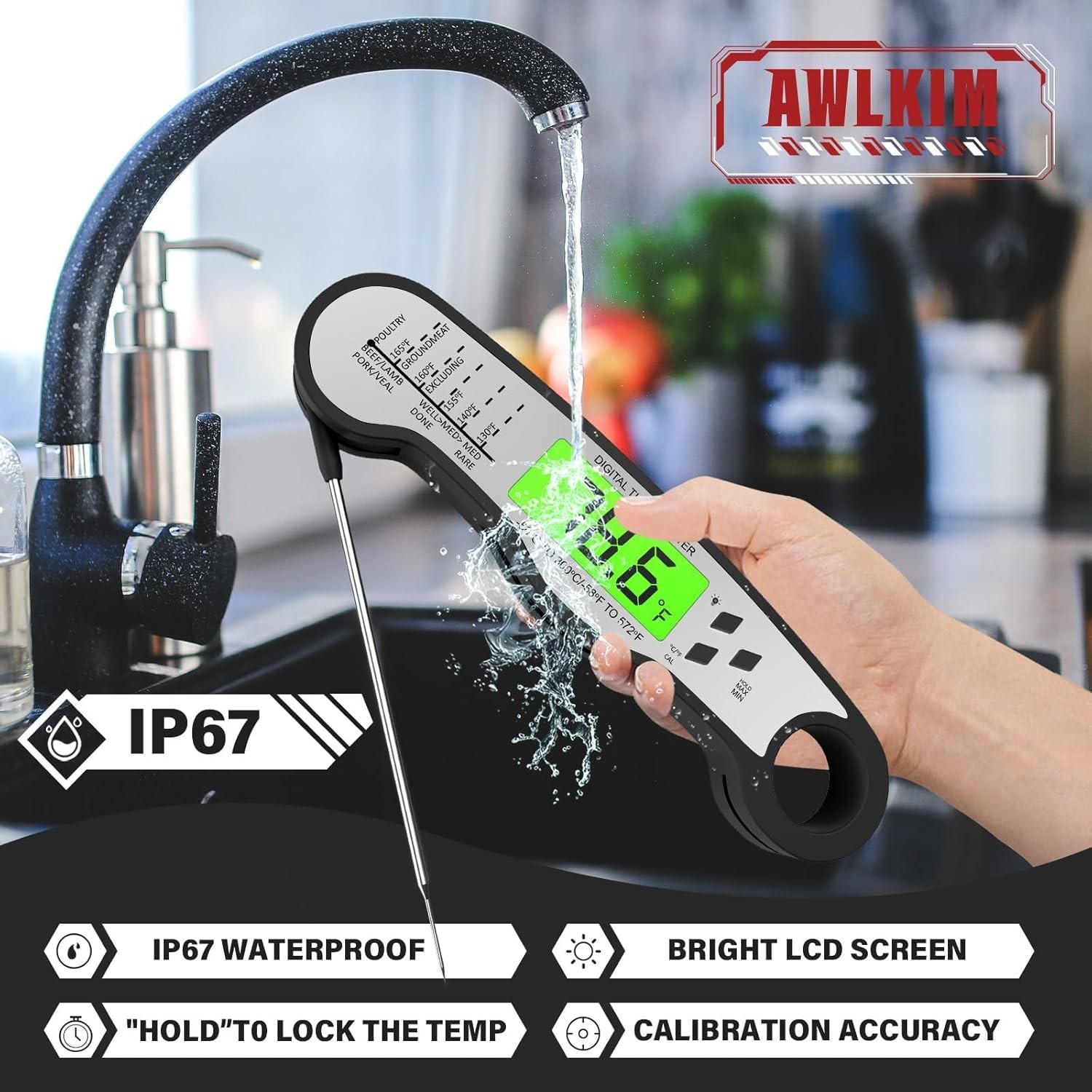 AWLKIM Instant Read Digital Meat Thermometer - Waterproof, Backlight IP67- Black