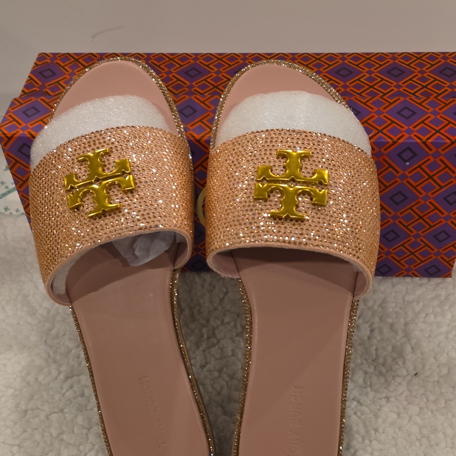 Tory Burch Pink Gold Beaded Logo Slide Sandals Women's Solid Pattern Slip On thumbnail 6