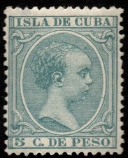  1cuba1 1891 King Alfonso III SG150 5c blue green LH Mint