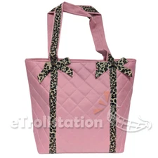 Stylish Girls Kids Nylon Pink Dance Tote Bag Quilted Leopard Pattern Bow Ribbons