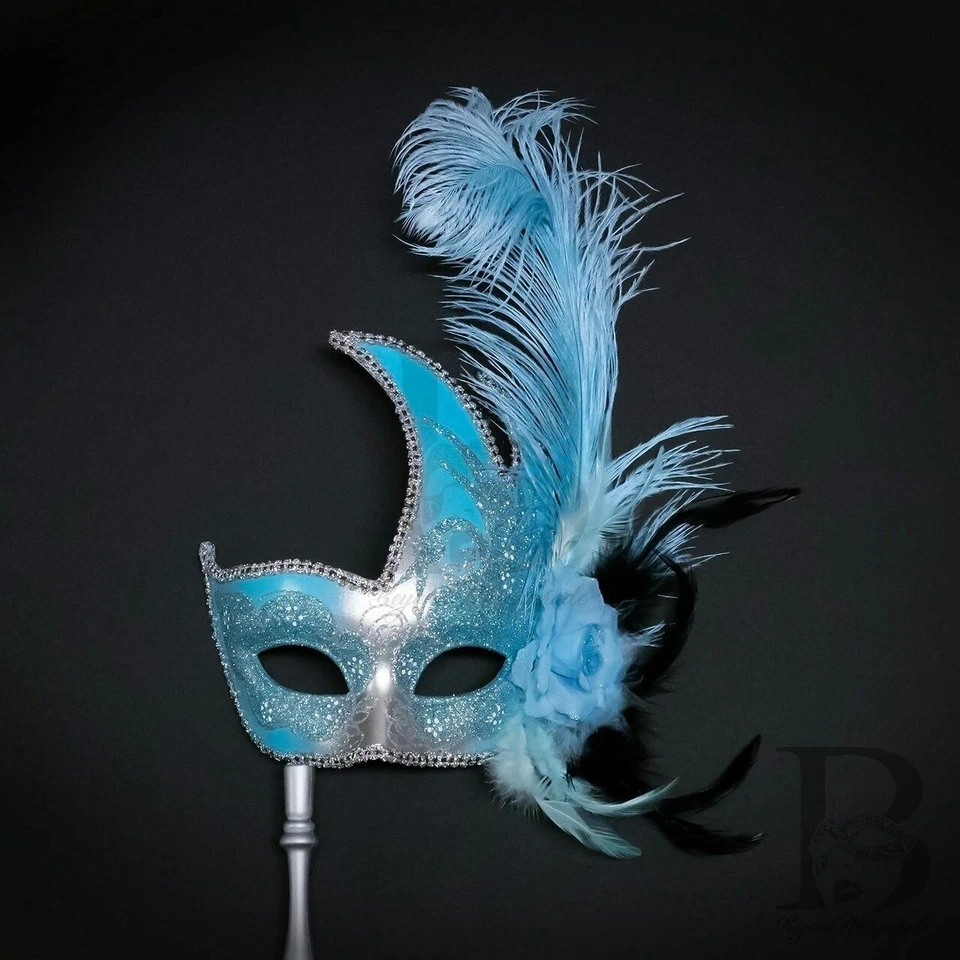 Holding Stick Party Mask | Feather Masquerade Mask Silver Mint Blue M6131 - Image 2 of 4