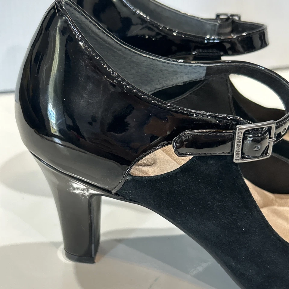 Giani Bernini Black Suede & Patent Leather Ankle Strap Pumps High Heel Shoes 10 - Image 3 of 4