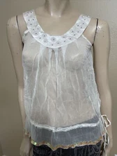 Women’s White Silk Casual Opened Beaded Embroidered Sheer Tie Size S Top Blouse