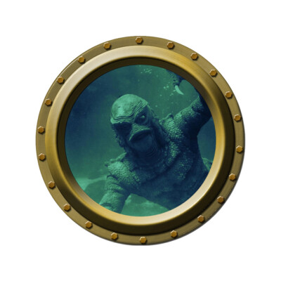 The Creature from the Black Lagoon Watches You Brass Color Porthole Wall Decal