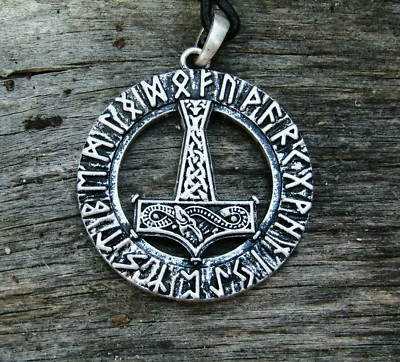 Runenring mit Thorshammer-Anhänger Odin Götter Lederband Schmuck Wikinger K 9.2
